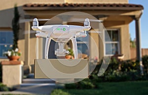 Unmanned Aircraft System UAV Quadcopter Drone Delivering Package To House