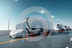 Unmanned autonomous cargo transportation. An autonomous, electric, self-driving truck moves along the road. Fast cargo delivery,