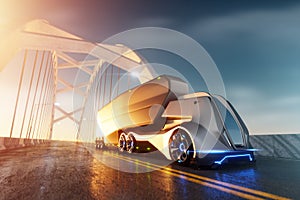 Unmanned autonomous cargo transportation. An autonomous, electric, self-driving truck moves along the road. Fast cargo delivery,