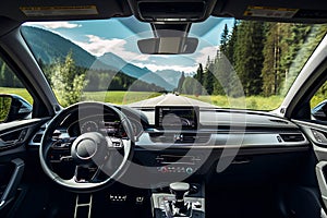 An unmanned car drives along a high-speed highway on a sunny day. View from inside the car interior