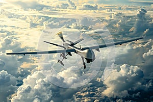 Unmanned combat aerial vehicle soaring in cloudy skies