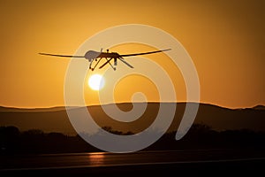 An unmanned drone low pass in sunset