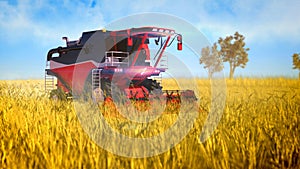 Unmanned grain harvester combine working on the agricultural field - industrial 3D illustration