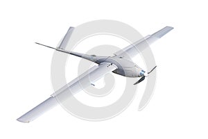 Unmanned military aircraft drone with a in the bow isolated on white background.