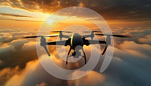 Unmanned Military Black Drone Flying in the Sky Above the Clouds - Generative Ai