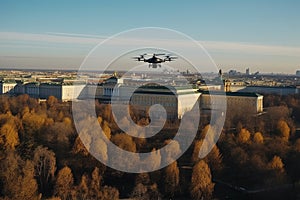 Unmanned military drone flies in the sky over Moscow , 3d rendering. Concept: combat strike drone, aerial attack on Kremlin,