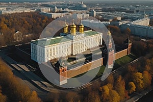 Unmanned military drone flies in the sky over Moscow , 3d rendering. Concept: combat strike drone, aerial attack on Kremlin,