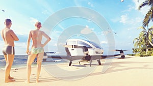 Unmanned passenger air taxi on the beach of a tropical island. The concept of the future driverless taxi. 3D Rendering