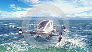 An unmanned passenger air taxi flies over the sea. The concept of the future driverless taxi. 3D Rendering