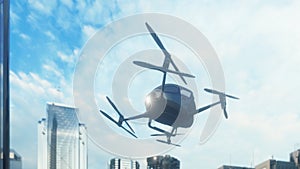 An unmanned passenger drone has flown in to pick up its passenger on a cloudy day. Unmanned air taxi. 3D Rendering