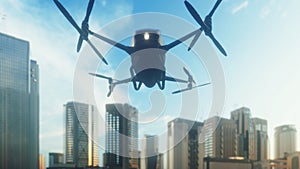 An unmanned passenger drone has flown in to pick up its passenger on a cloudy day. Unmanned air taxi. 3D Rendering