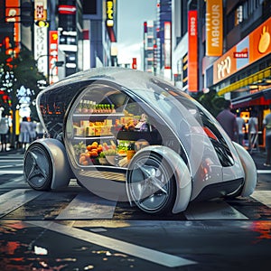 An unmanned vehicle delivers groceries in downtown. Delivery concept, delivery of packages from the store by delivery