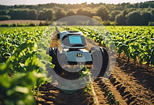 an unmanned vehicle traveling through a field near the trees and other plants