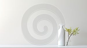 an unmarked plastic white spray bottle placed on a table with an off-white solid background, with space for accompanying