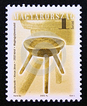 Postage stamp Hungary, 2001, Antique wooden three legged stool by JÃÂ¡nos Vincze, 1910