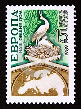 Postage stamp Soviet Union, CCCP, 1989, Map of Europe and White Stork Nest