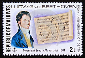 Unused post stamp Maldives 1977, Moonlight Sonata and portrait Beethoven