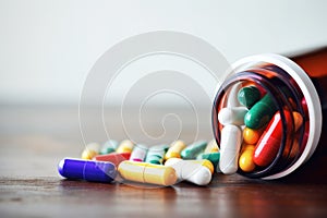 unmarked prescription bottle filled with multi-colored capsules