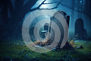 Unmarked tombstone in moonlit forgotten graveyard surrounded by dark trees at night