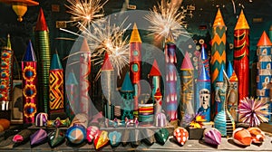 The unmistakable pop and crackle of fireworks can be heard as a table displays an assortment of colorful rockets photo