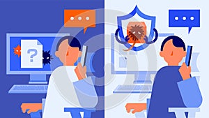 Unnoticed Suspicious Process vs Automatic EDR Isolation in Cyber Security Office vector illustration