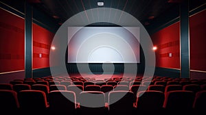 Unoccupied cinema space in red, with an empty white screen and no audience