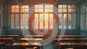 An unoccupied classroom with rows of wooden desks and large windows, creating a spacious and tidy learning environment, Spectral