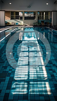 An unoccupied indoor pool basks in the quiet of the day, with rows of empty chairs and a reflection of windows casting a