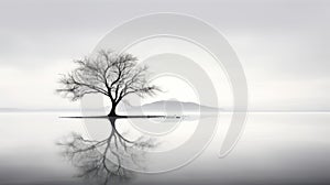 Unoccupied: A Minimalistic Nature Photography Image Of A Single Tree On A Calm Lake
