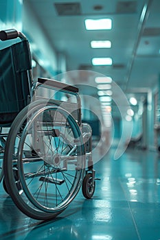 An unoccupied wheelchair in a hospital corridor evoking narratives of patient care