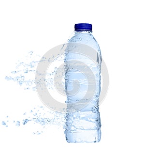 Unopened plastic water bottle with water splash photo