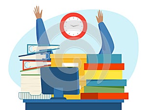 Unorganised office workplace, male character clerk worker paperwork heap folder flat vector illustration, isolated on