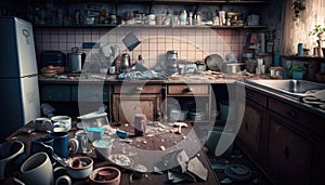 The unorganized kitchen depicts a chaotic and cluttered room. The worktops are littered with dirty dishes, pots and pans. photo