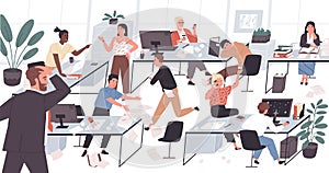 Unorganized office with lazy and unmotivated workers. Concept of difficulties and problems with organization at work photo