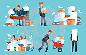 Unorganized office papers. Businessman overwhelmed work, messy paper documents pile and files stack cartoon vector