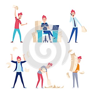 Unorganized people. Office chaos business conflict chaotic processes problem time managements exact vector characters photo