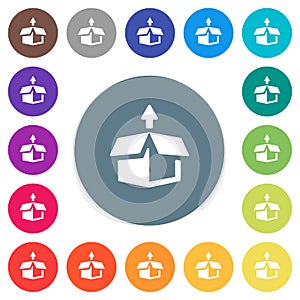 Unpack from box flat white icons on round color backgrounds