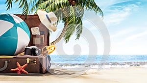 Unpacked travel suitcase on the beach anther the palm tree. Summer concept background
