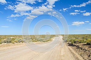 Unparved road in pampa desert until horizon