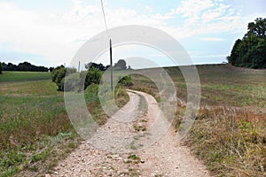 Unpaved road in grassy field against cloudy sky