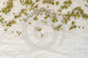 Unpeeled mung bean on linen fabric background