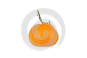 Unpeeled ripe tangerine with sprig on white background.