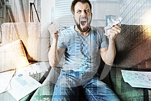 Unpleasant crapping man sitting and screaming. photo