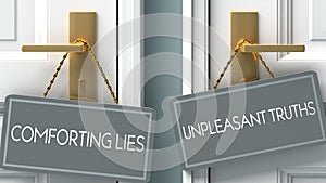Unpleasant truths or comforting lies as a choice, pictured as words comforting lies, unpleasant truths on doors to show that these