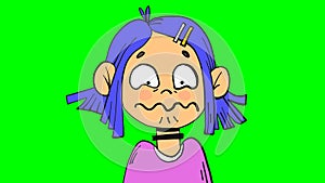 Unpleasantly surprised disgusted girl portrait in cartoon style. Isolated on green screen illustration