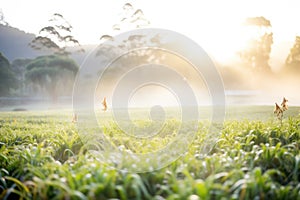 an unplucked tea plantation with morning dew