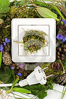 Unplugged concept, white power cord cable unplugged, lies among flattering plants and moss