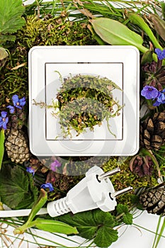 Unplugged concept, white power cord cable unplugged, lies among flattering plants and moss photo