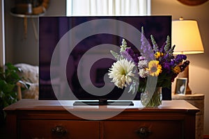 unplugged tv with a vase of flowers on top