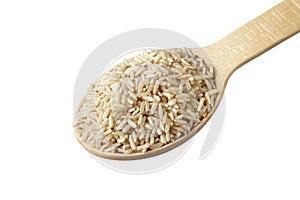 Unpolished rice in a wooden spoon